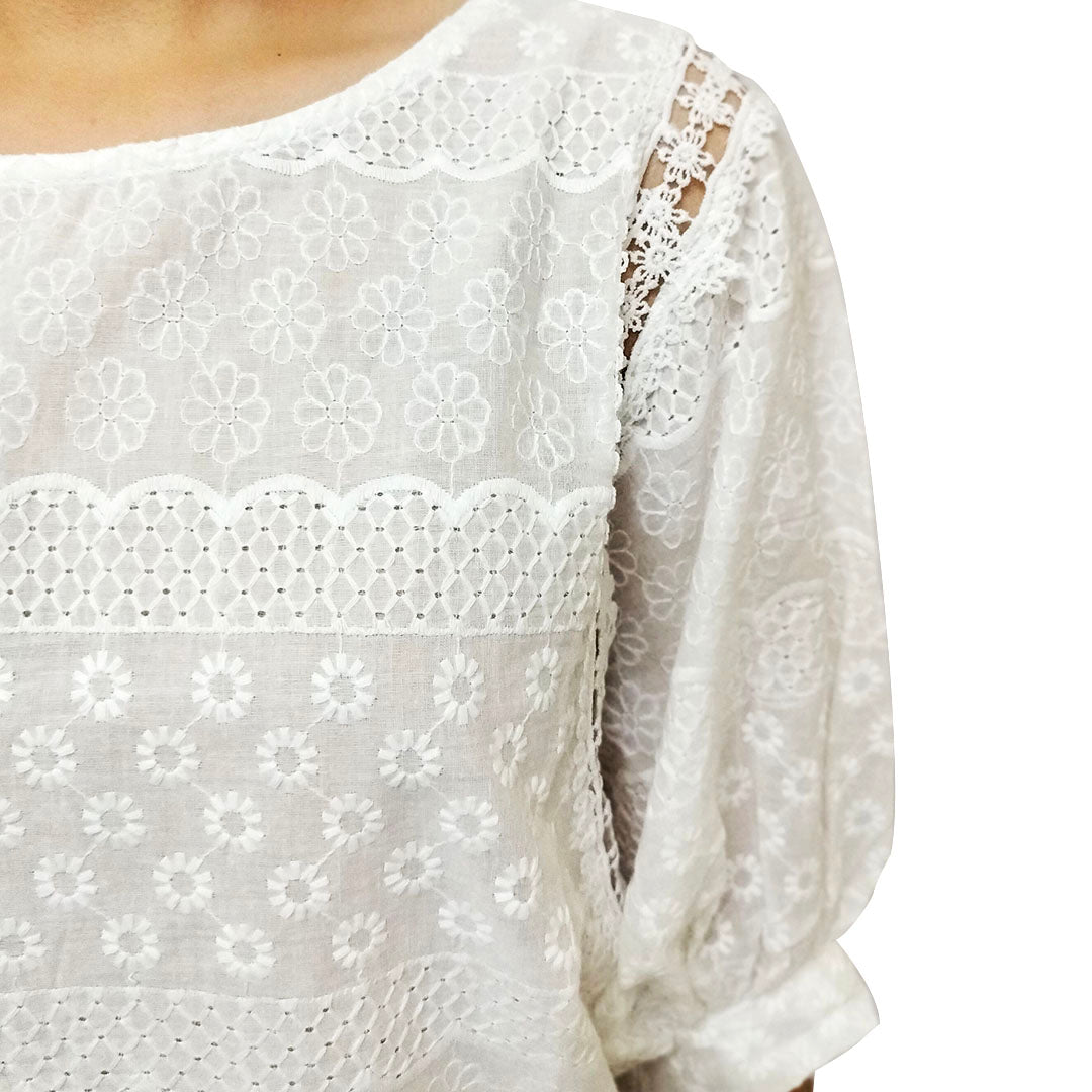 Elegant 2025 White Bubble Short Sleeve Top with Embroidery for Women