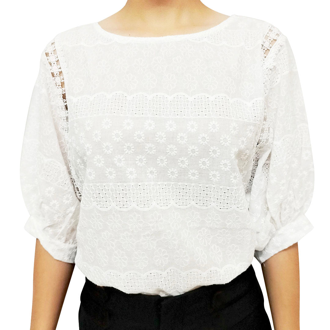 Elegant 2025 White Bubble Short Sleeve Top with Embroidery for Women