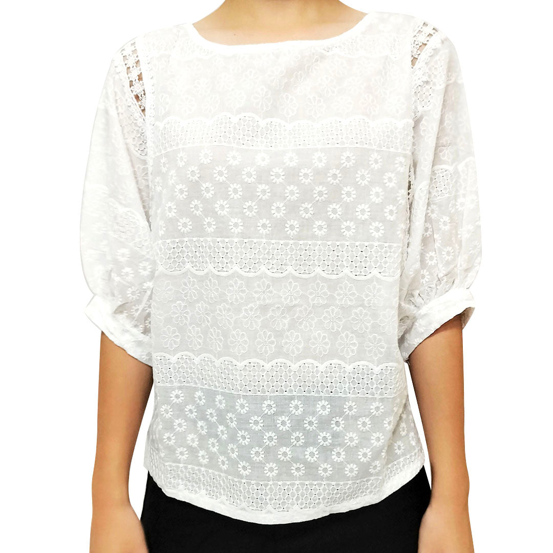 Elegant 2025 White Bubble Short Sleeve Top with Embroidery for Women