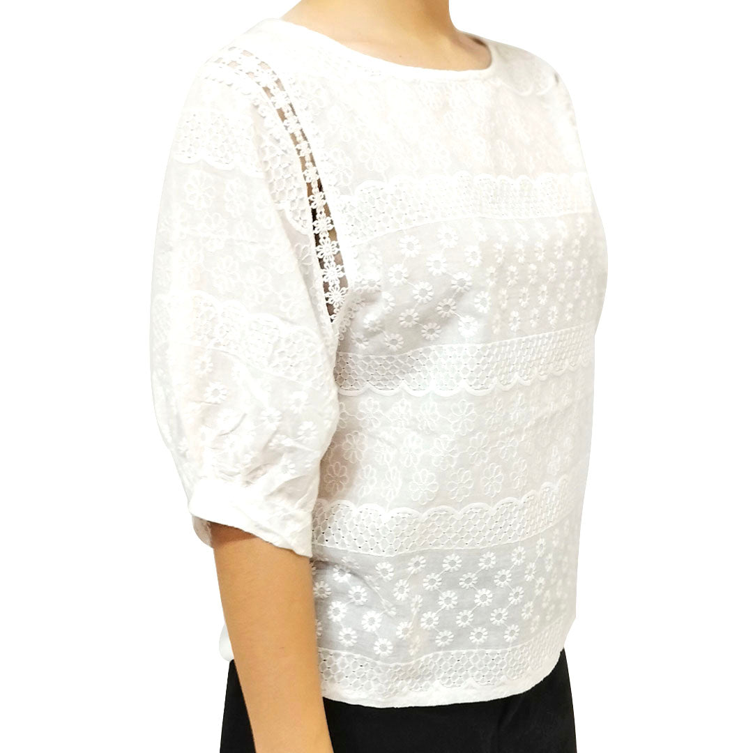 Elegant 2025 White Bubble Short Sleeve Top with Embroidery for Women