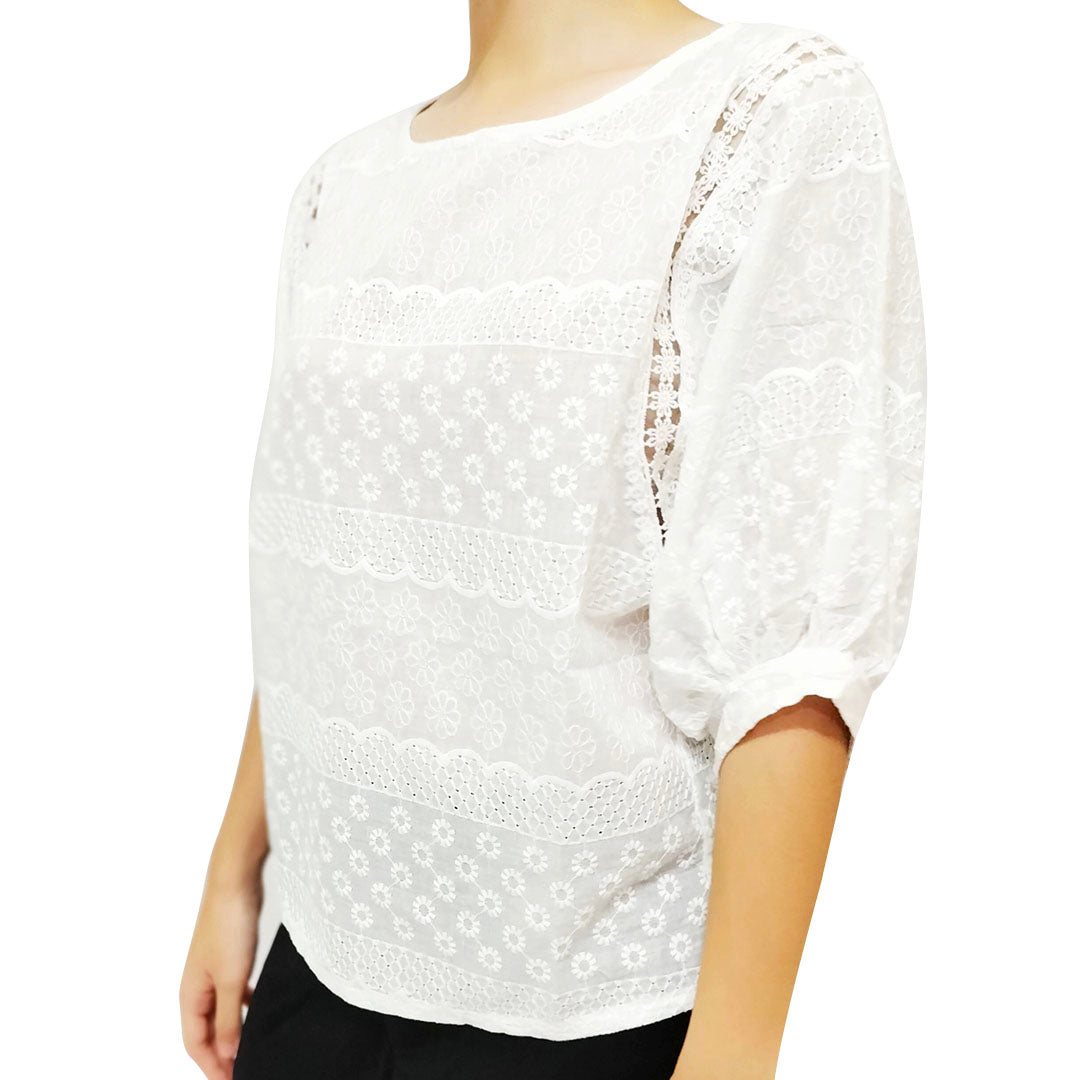 Elegant 2025 White Bubble Short Sleeve Top with Embroidery for Women
