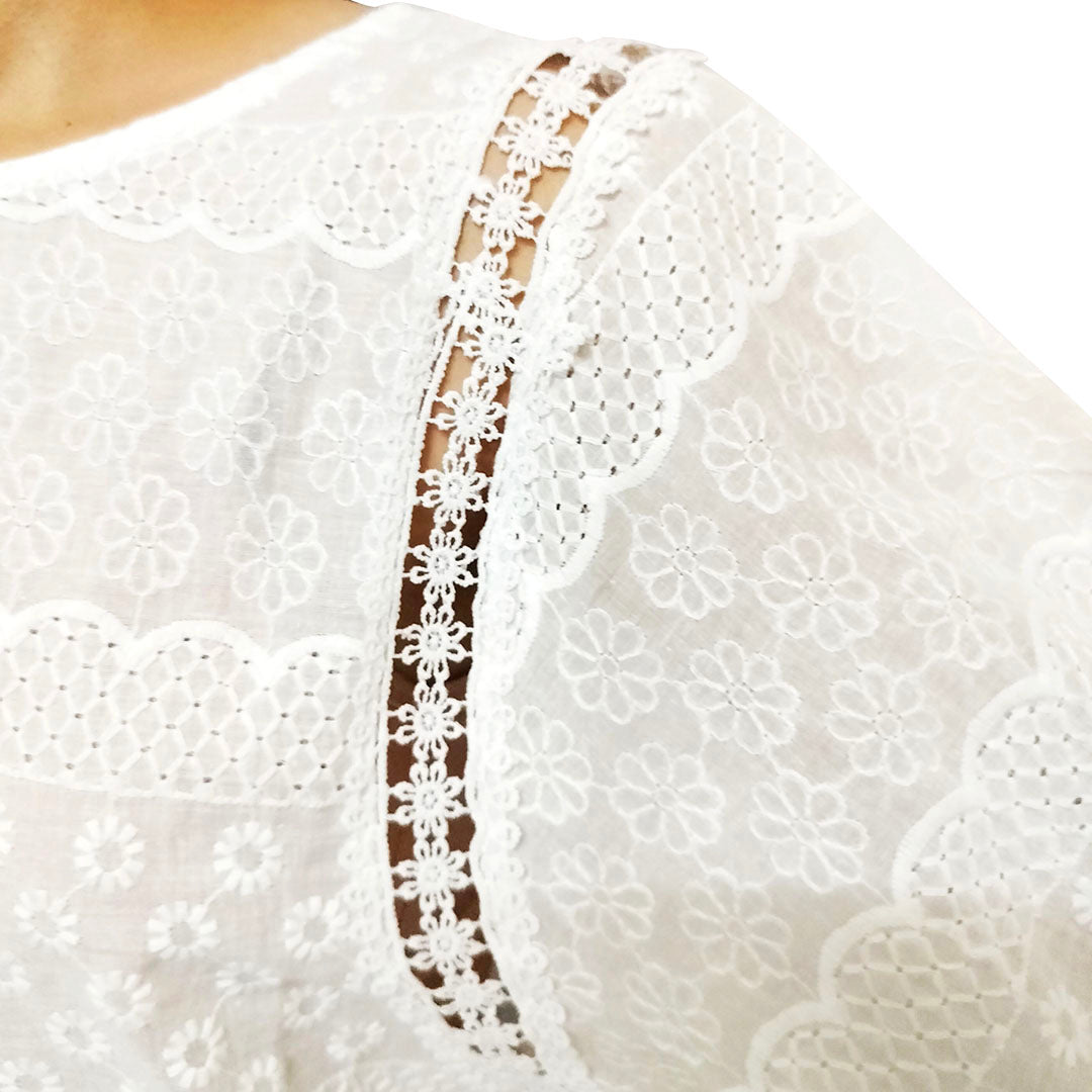 Elegant 2025 White Bubble Short Sleeve Top with Embroidery for Women