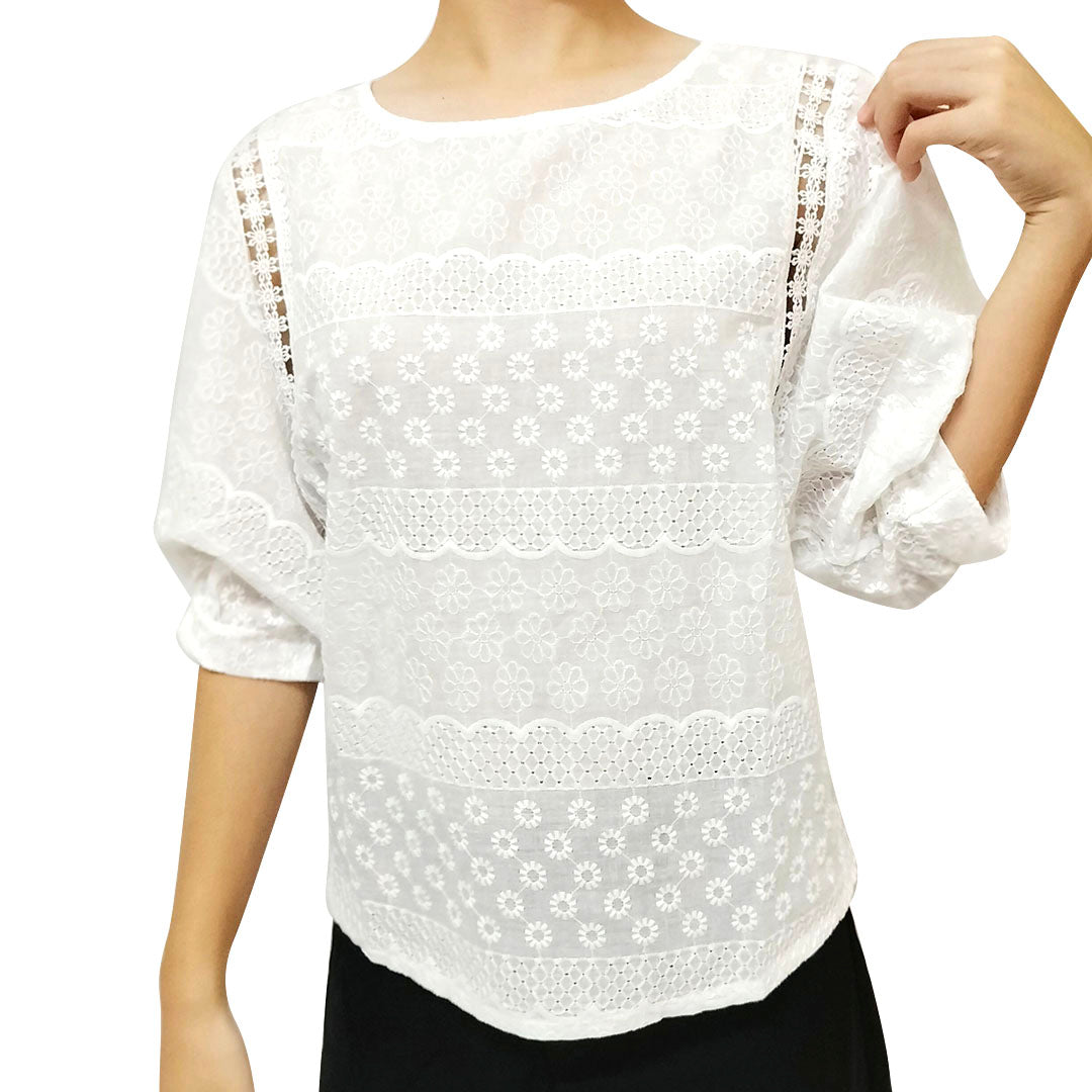 Elegant 2025 White Bubble Short Sleeve Top with Embroidery for Women