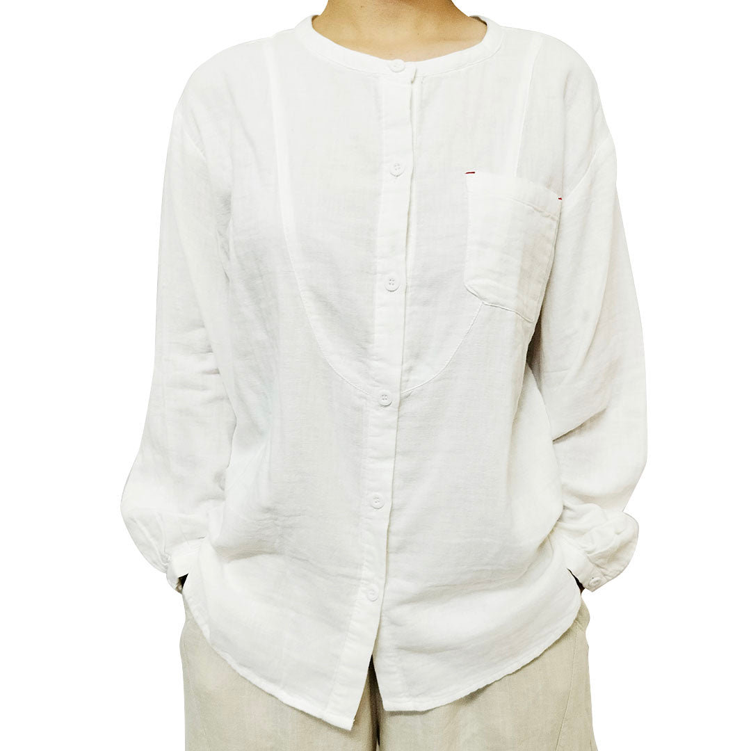 New Arrival: Sweet Double-Layer Cotton Gauze Long-Sleeve Shirt with Single Pocket for Women - White Blouse.