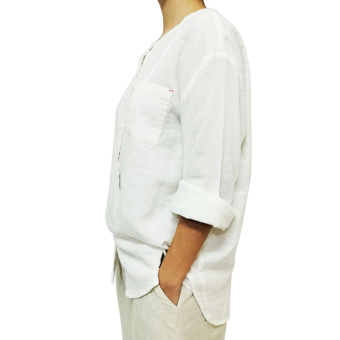 New Arrival: Sweet Double-Layer Cotton Gauze Long-Sleeve Shirt with Single Pocket for Women - White Blouse.