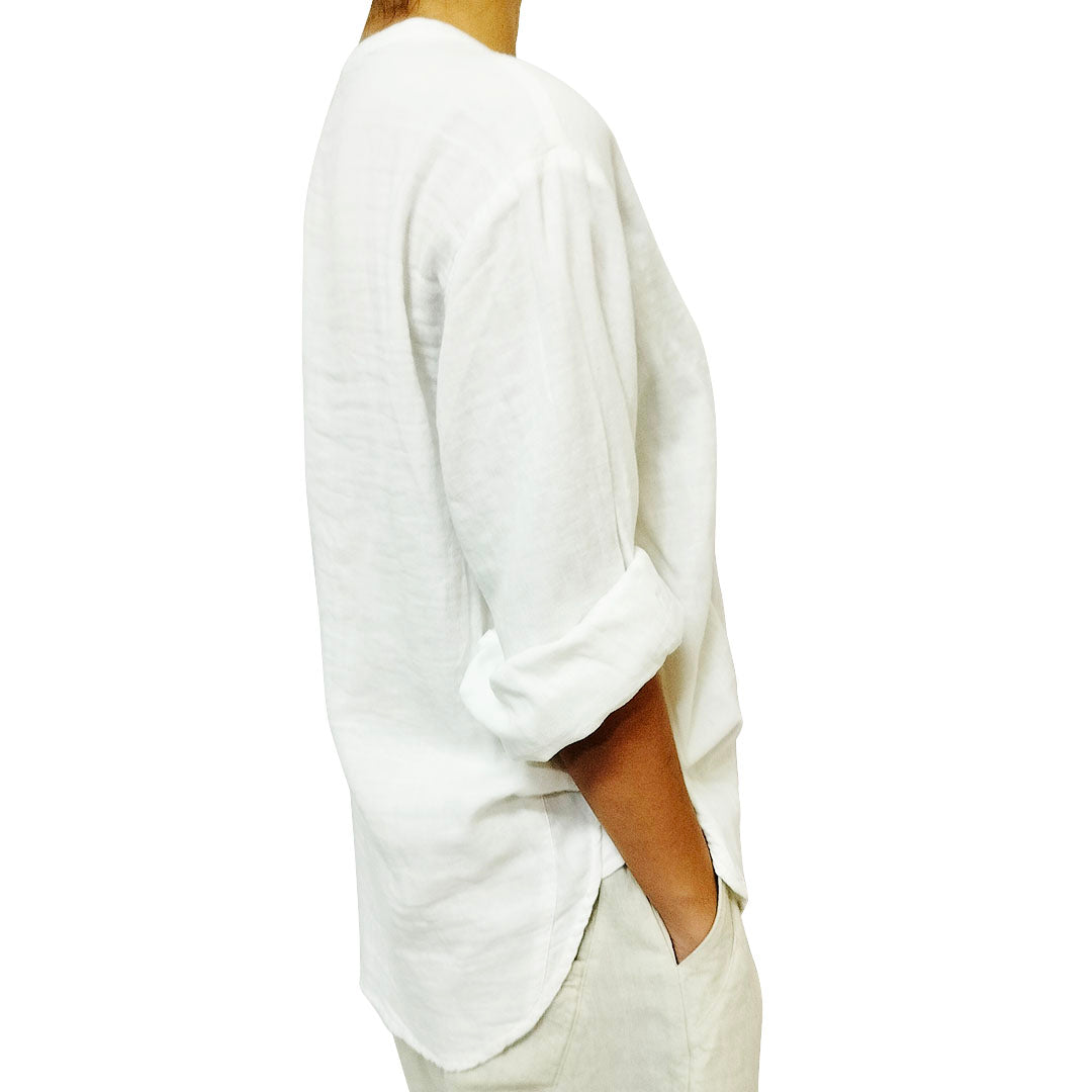 New Arrival: Sweet Double-Layer Cotton Gauze Long-Sleeve Shirt with Single Pocket for Women - White Blouse.