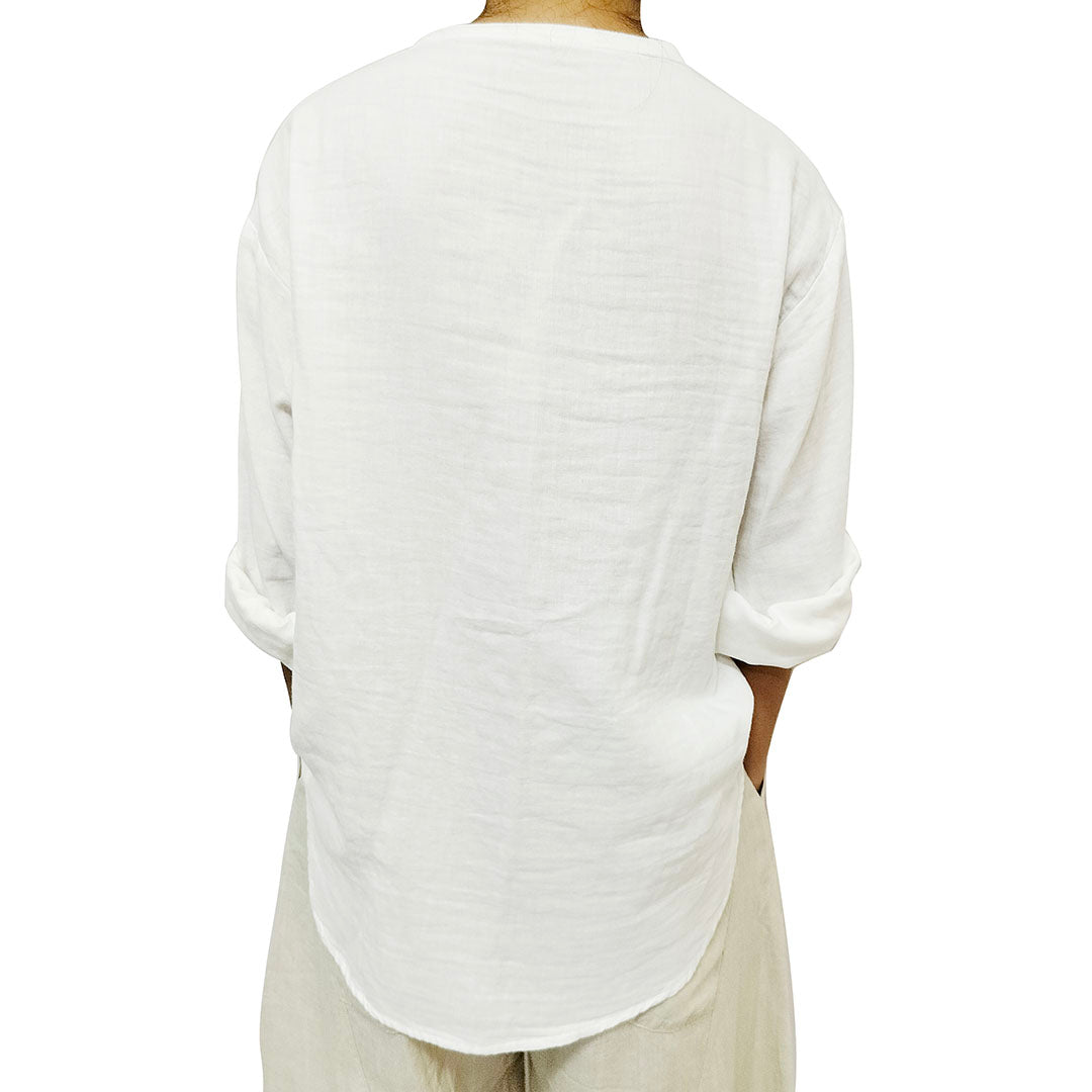 New Arrival: Sweet Double-Layer Cotton Gauze Long-Sleeve Shirt with Single Pocket for Women - White Blouse.