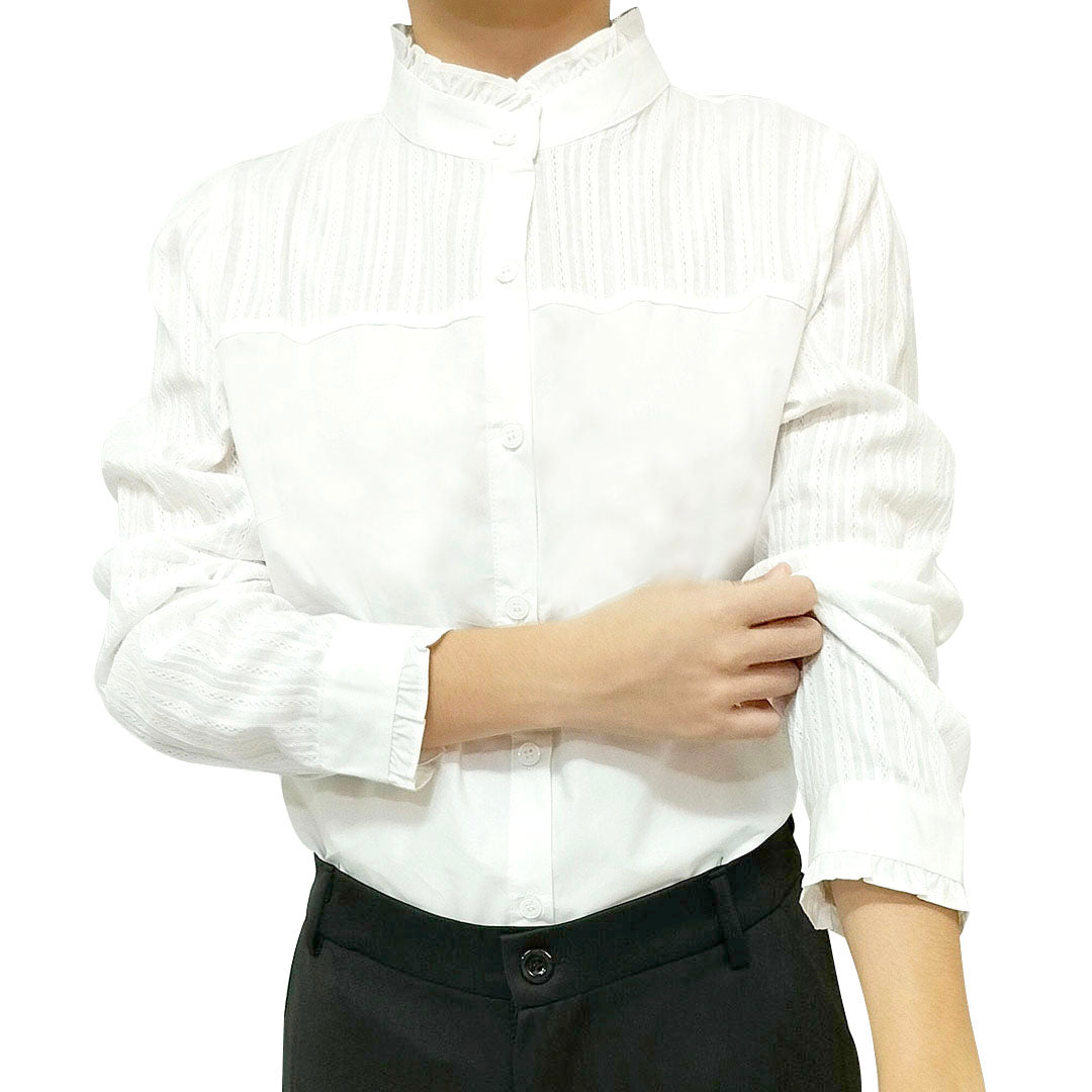 Women’s Long Sleeve White Shirt: Striped Design, Slim Fit, Cotton Base Blouse with Ruffled Collar