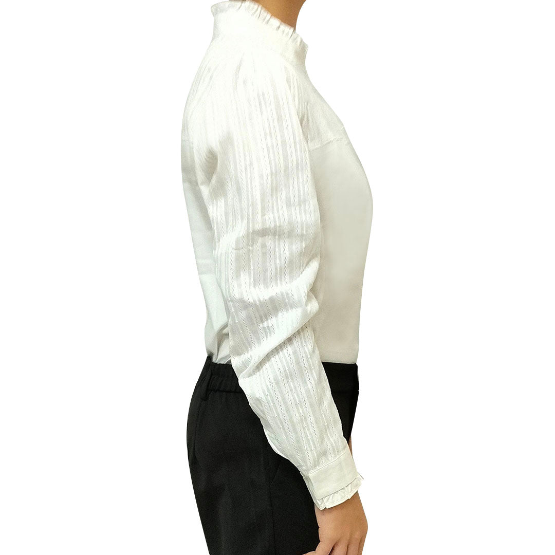 Women’s Long Sleeve White Shirt: Striped Design, Slim Fit, Cotton Base Blouse with Ruffled Collar