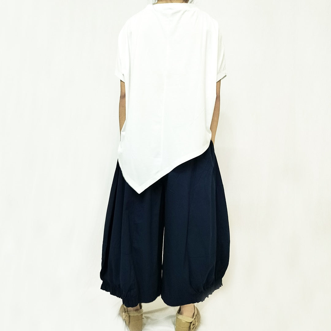 Vintage Cotton Wide-Leg Pants: Elastic Waist, Ruffled Hem, Cropped Length