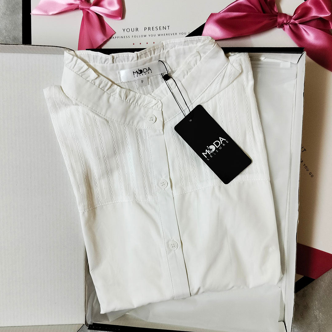 Women’s Long Sleeve White Shirt: Striped Design, Slim Fit, Cotton Base Blouse with Ruffled Collar