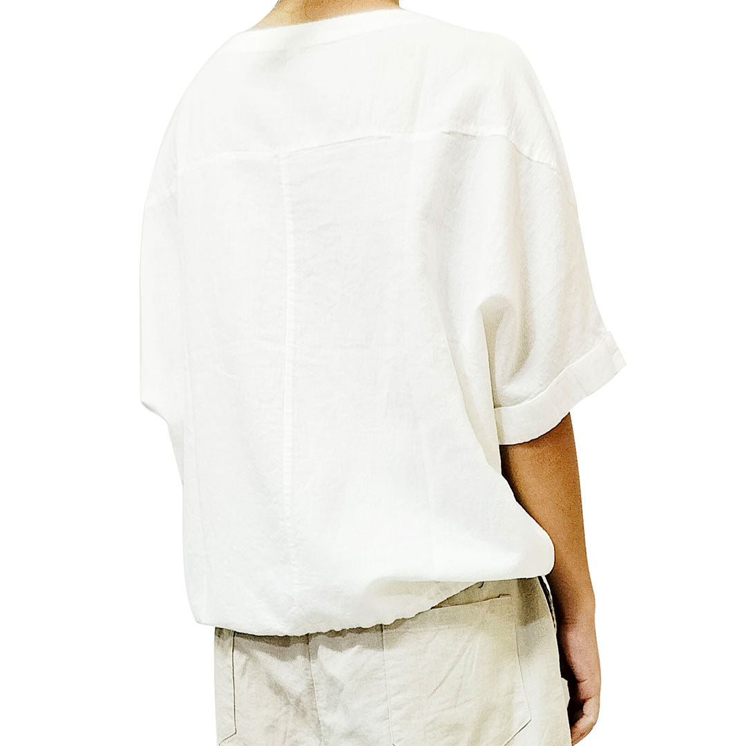 2025 new cotton-linen women's clothing, artistic retro loose-fit thin sand-washed round-neck spliced short-sleeve top.