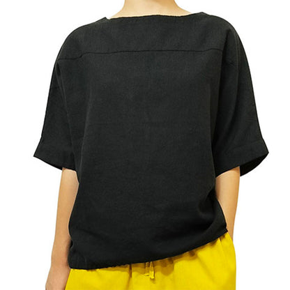 2025 new cotton-linen women's clothing, artistic retro loose-fit thin sand-washed round-neck spliced short-sleeve top.