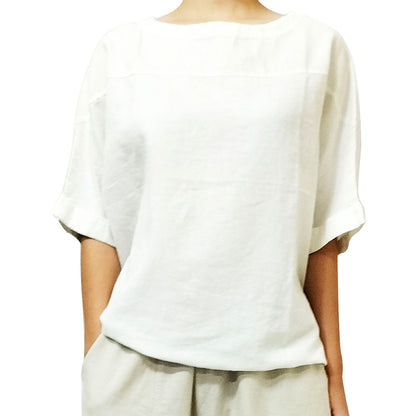2025 new cotton-linen women's clothing, artistic retro loose-fit thin sand-washed round-neck spliced short-sleeve top.