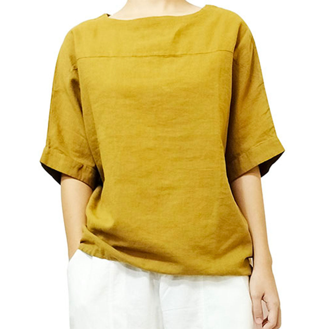 2025 new cotton-linen women's clothing, artistic retro loose-fit thin sand-washed round-neck spliced short-sleeve top.