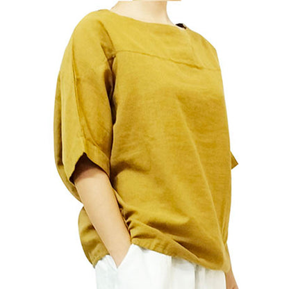 2025 new cotton-linen women's clothing, artistic retro loose-fit thin sand-washed round-neck spliced short-sleeve top.