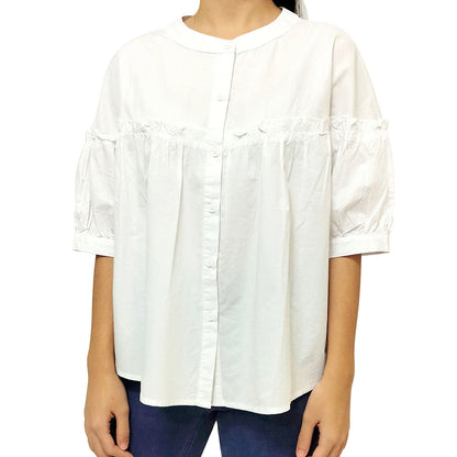 New Summer Korean Style Loose and Sweet Round Neck Women's Half Sleeve White Cotton Shirt