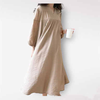 Korean Chic Loose Fit Lantern Sleeve Dress with V-Neck and Waist Tie, Long Sleeve Women’s Midi Dress