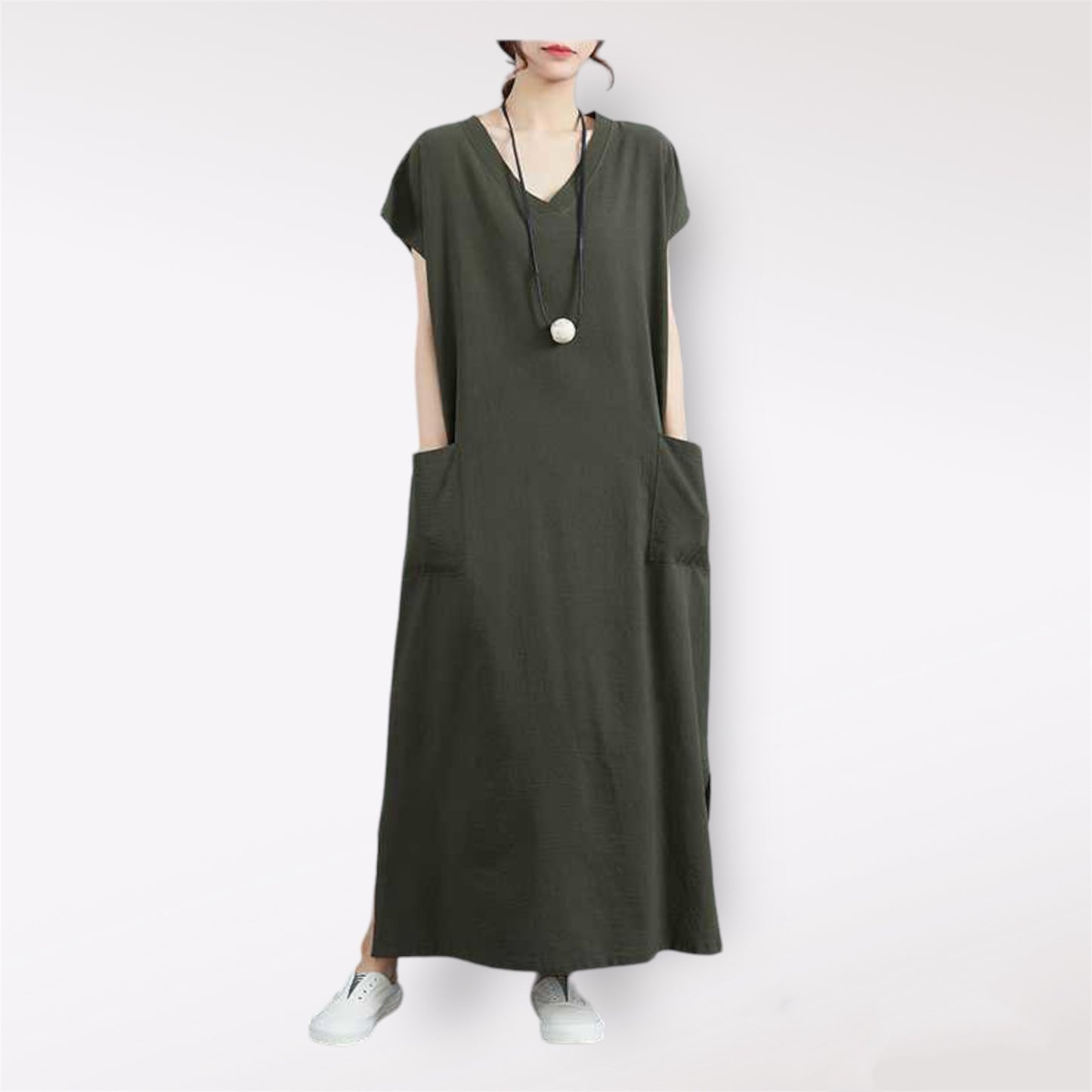 New Retro Cotton Linen V-Neck Plus Size Loose Fit Dress with Pocket Design and Short Sleeves