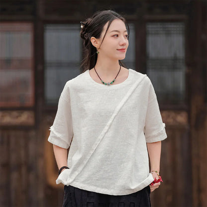 Pre-order | Women’s Asymmetrical Washed Ramie Cotton-Linen T-Shirt | Loose Fit, Short Sleeve