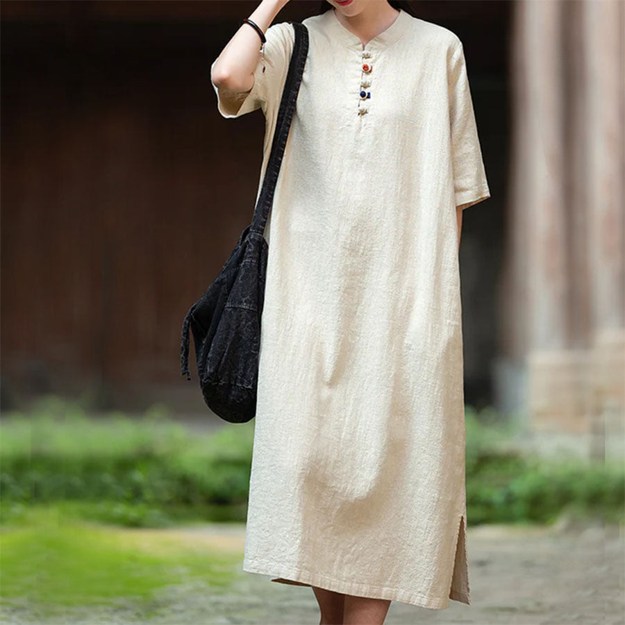 Original Cotton Linen Chinese-Style Maxi Dress | Contrast Piping & Frog Buttons | Casual Travel Homewear