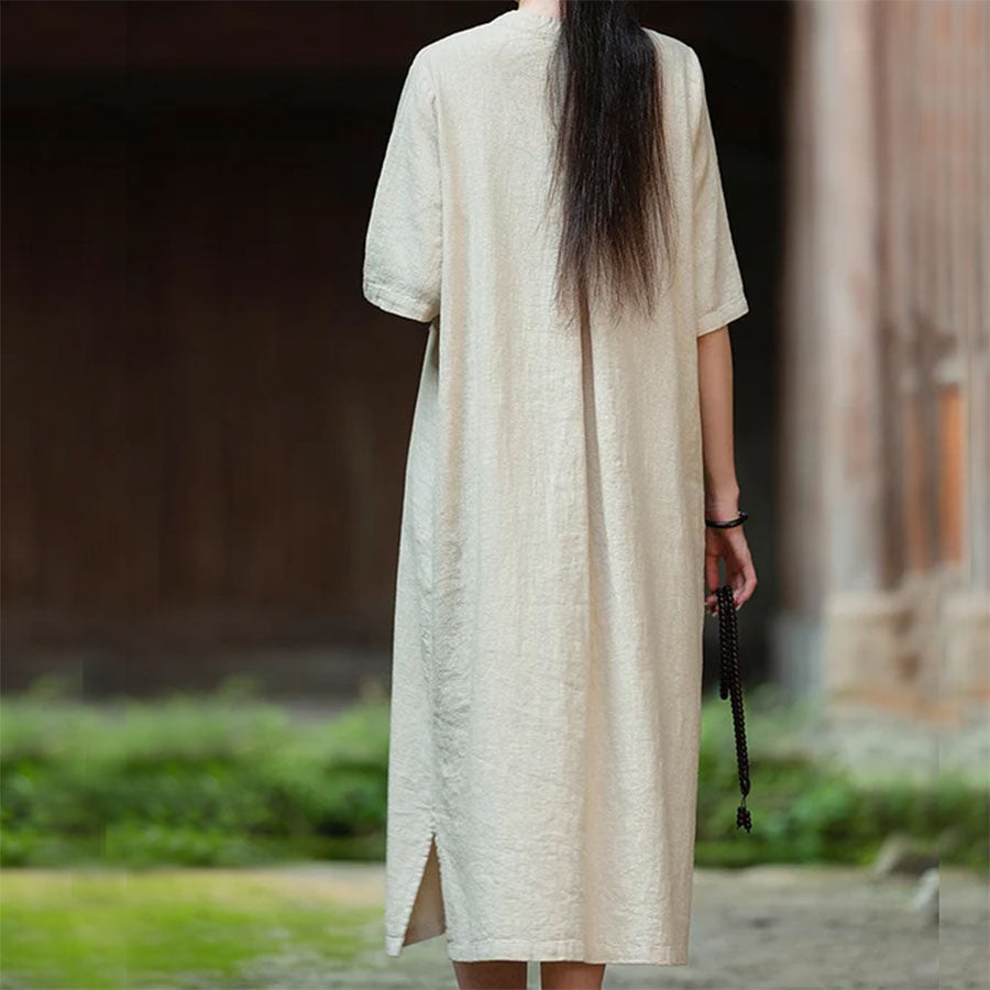 Original Cotton Linen Chinese-Style Maxi Dress | Contrast Piping & Frog Buttons | Casual Travel Homewear