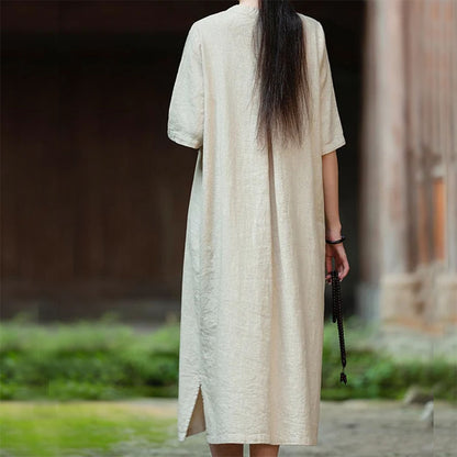 Original Cotton Linen Chinese-Style Maxi Dress | Contrast Piping & Frog Buttons | Casual Travel Homewear