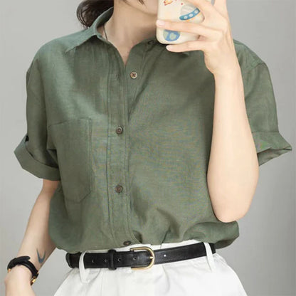 Cotton Linen Polo Shirt for Women – Breathable Short Sleeve Button-Down Top in Solid Green