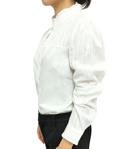 Women’s Long Sleeve White Shirt: Striped Design, Slim Fit, Cotton Base Blouse with Ruffled Collar